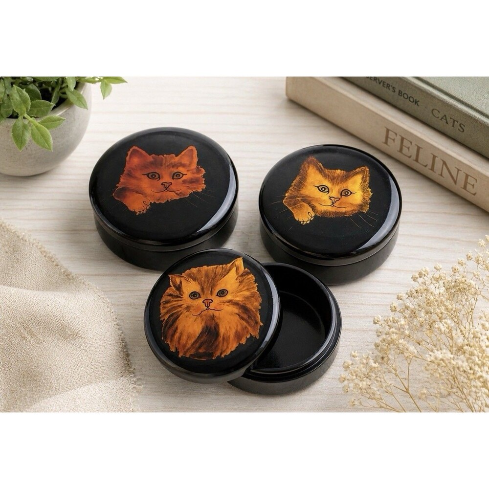 Vintage Wood Black Lacquer Set of 3 Large Cat Trinket Boxes Handpainted